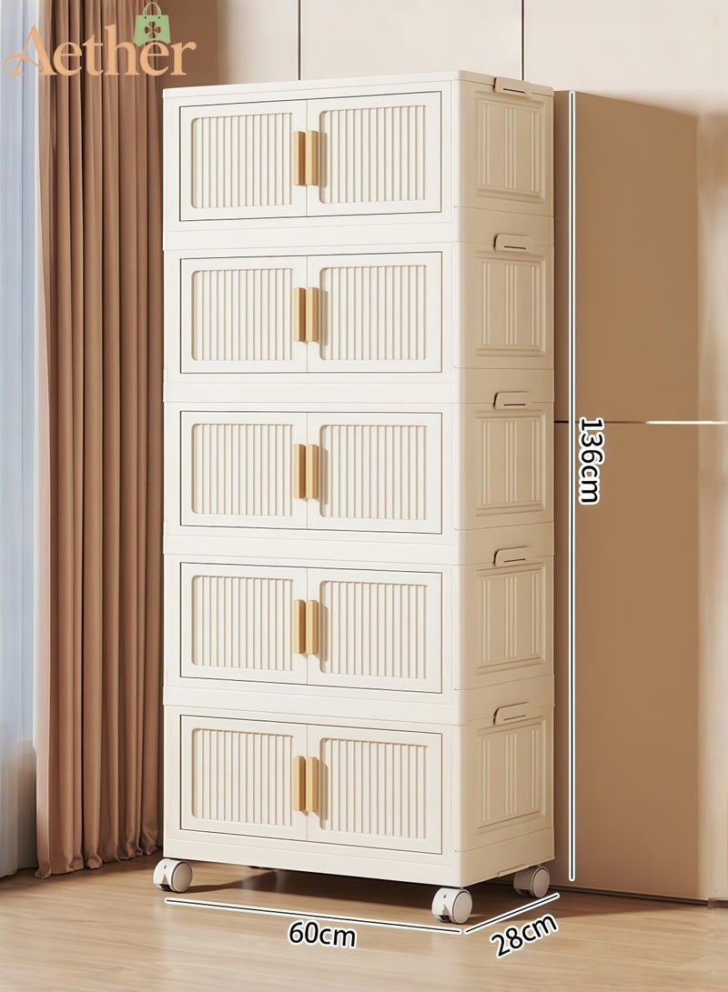 AETHER 5 Tier Foldable Plastic Storage Cabinet with Flip Doors and Wheels Large Capacity Organizer for Home (1 Unit) - Image 1