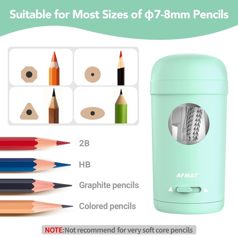 AFMAT Electric Pencil Sharpener, Fully Automatic Pencil Sharpener for 7-8mm Pencils & Colored Pencils, Auto in & Out, Rechargeable Vertical Hands-Free Sharpeners for Classroom/Home/Office PSX7(Green) - Image 3