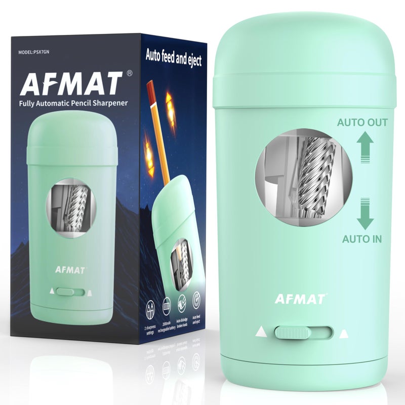 AFMAT Electric Pencil Sharpener, Fully Automatic Pencil Sharpener for 7-8mm Pencils & Colored Pencils, Auto in & Out, Rechargeable Vertical Hands-Free Sharpeners for Classroom/Home/Office PSX7(Green) - Image 1