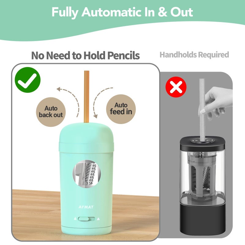 AFMAT Electric Pencil Sharpener, Fully Automatic Pencil Sharpener for 7-8mm Pencils & Colored Pencils, Auto in & Out, Rechargeable Vertical Hands-Free Sharpeners for Classroom/Home/Office PSX7(Green) - Image 2