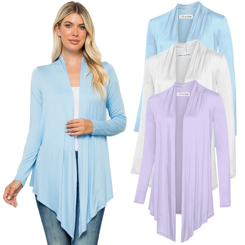 Free to Live 3 Pack Long Sleeve Cardigan for Women Open Front Dressy Casual Lightweight Sweaters XL Babyblue Lavender White