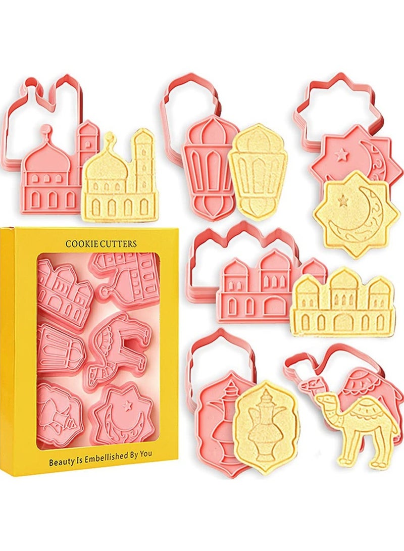 Ramadan Eid Mubarak Cookie Cutters 1 Set/ 6pcs 3D Cookie Mold Fondant Stamp Baking Mold Cake Decorating Tool, Mosque, Lantern, Camel, Star, Moon, Islamic Star - Image 1