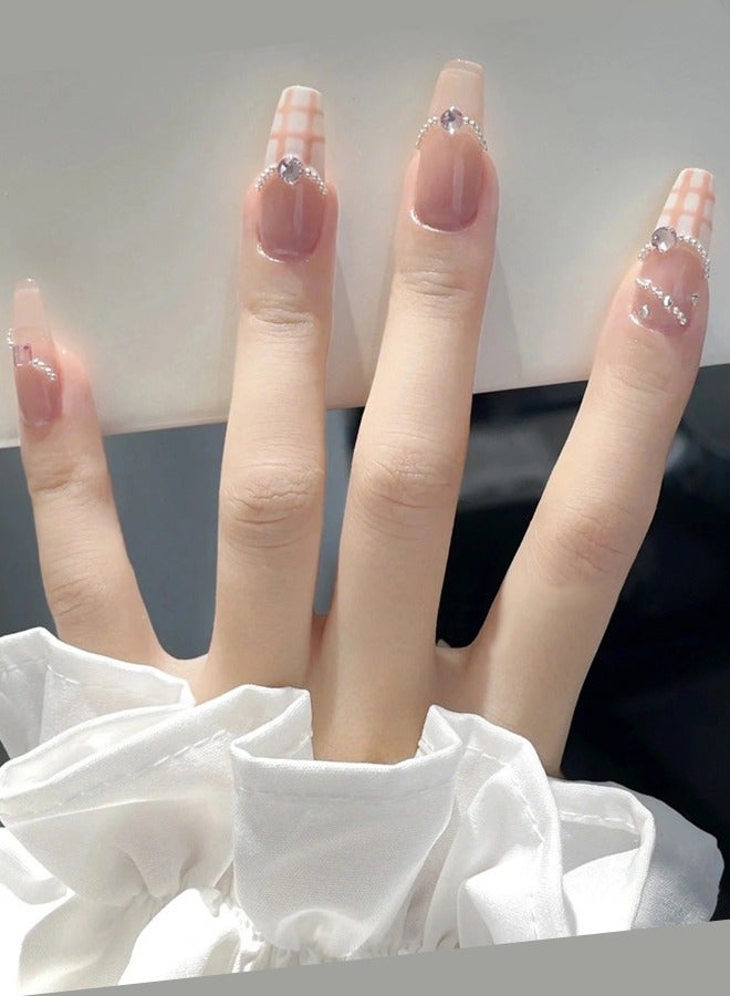 NIBEMINENT 24Pcs Fake Nails, Press Nails In Box,Mid-length Flat head shaped Solid White Orange Color Shiny Nail Art,Lattice,Zircon Pearl,Fake Nail Patch - Image 1