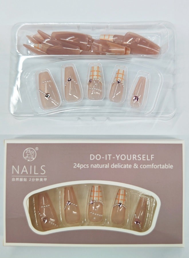 NIBEMINENT 24Pcs Fake Nails, Press Nails In Box,Mid-length Flat head shaped Solid White Orange Color Shiny Nail Art,Lattice,Zircon Pearl,Fake Nail Patch - Image 2