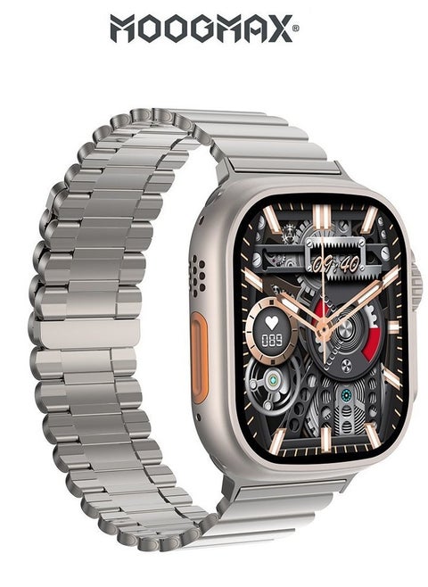 MoogMax (2nd Gen) ultra watch. IPX6 Water-resistant watch ultra. Smart touch watch with gesture-based call answering & answering from the watch using the built-in mic. smart watch ultra with a watch mobile app. Smart sports watch with all fitness measurements. smartwatch with wireless charging. Silver