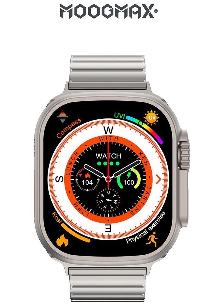 MoogMax (2nd Gen) ultra watch. IPX6 Water-resistant watch ultra. Smart touch watch with gesture-based call answering & answering from the watch using the built-in mic. smart watch ultra with a watch mobile app. Smart sports watch with all fitness measurements. smartwatch with wireless charging. Silver
