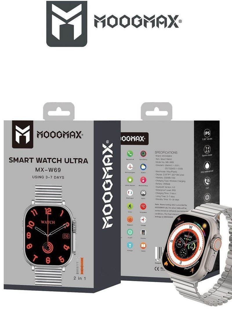 MoogMax (2nd Gen) ultra watch. IPX6 Water-resistant watch ultra. Smart touch watch with gesture-based call answering & answering from the watch using the built-in mic. smart watch ultra with a watch mobile app. Smart sports watch with all fitness measurements. smartwatch with wireless charging. Silver