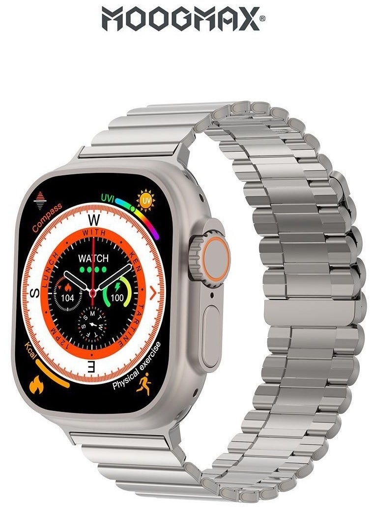 MoogMax (2nd Gen) ultra watch. IPX6 Water-resistant watch ultra. Smart touch watch with gesture-based call answering & answering from the watch using the built-in mic. smart watch ultra with a watch mobile app. Smart sports watch with all fitness measurements. smartwatch with wireless charging. Silver