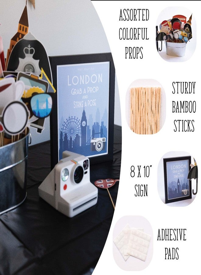 Outside The Booth British Photo Booth Props - 41-pc Photobooth Kit with 8 x 10-Inch Sign, 60 Adhesive Pads, 45 Sticks - London England Decorations - Union Jack Party Decorations - Image 2