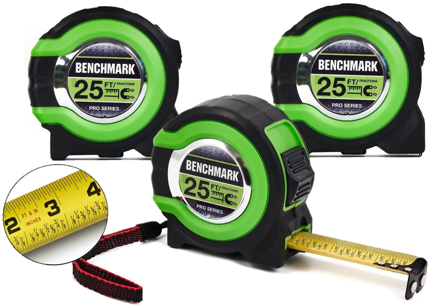 3 Pack - Tape Measures 25 ft - Easy to Read Fractions to 1/8th inch - Magnetic Tip - Thumb and Quick Lock - Autowind - Belt Clip - Green - Measuring Tape Retractable
