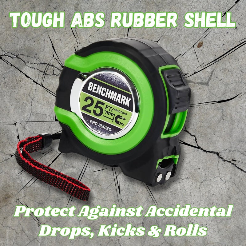 Benchmark 3 Pack - Tape Measures 25 ft - Easy to Read Fractions to 1/8th inch - Magnetic Tip - Thumb and Quick Lock - Autowind - Belt Clip - Green - Measuring Tape Retractable - Image 2