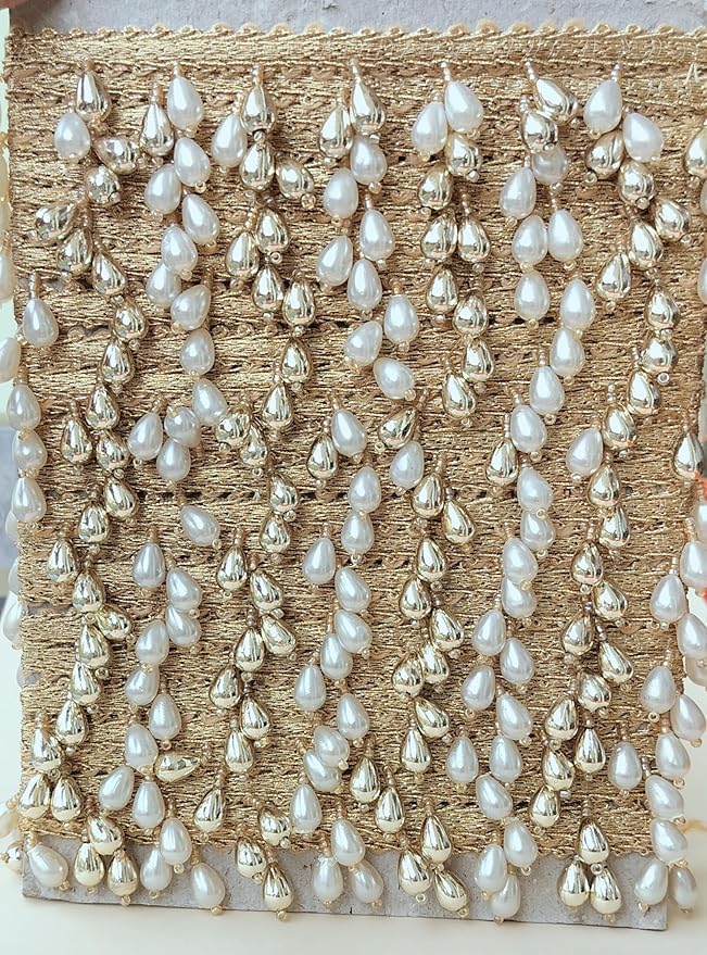 DaSync SYNC Golden offwhite pearls Tassel lace border Latkan hanging,fringe beads lace jhallar Laces and Border Material zhallar Dresses,blouse,dupatta,sari,choli,chunni,Sarees,Lehenga,Suits,curtains,9 meter cream pearl lace border - Image 4
