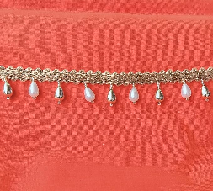DaSync SYNC Golden offwhite pearls Tassel lace border Latkan hanging,fringe beads lace jhallar Laces and Border Material zhallar Dresses,blouse,dupatta,sari,choli,chunni,Sarees,Lehenga,Suits,curtains,9 meter cream pearl lace border - Image 2