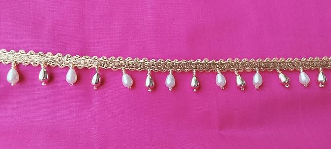 DaSync SYNC Golden offwhite pearls Tassel lace border Latkan hanging,fringe beads lace jhallar Laces and Border Material zhallar Dresses,blouse,dupatta,sari,choli,chunni,Sarees,Lehenga,Suits,curtains,9 meter cream pearl lace border - Image 3