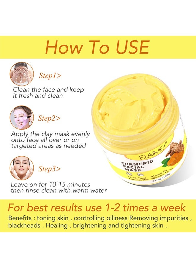 Elaimei Turmeric Face Mask, Hydrating Cleansing Blackheads, Skin lightening Care Brighten, Turmeric Clay Mask For Controlling Acne, Oil And Refining Pores, Reduce Blackheads Ance, Dark Spots And Radiant Skin - Image 5