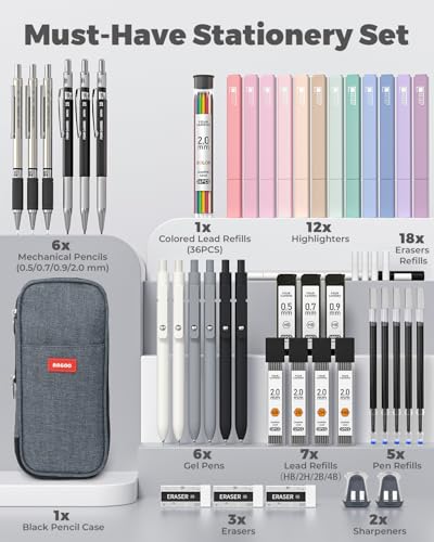 Four Candies 45 PCS School Supplies with Pen Case, 6 Gel Pens, 6 Art Mechanical Pencil Set, 12 Highlighters for College Essentials Office Stationery (Black) - Image 2