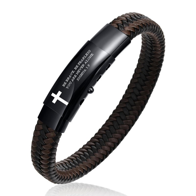 VNOX Christian Gifts For Men- Personalized Religious Gift For Men Pre-Engraved Inspirational Christian Faith Bible Verse Quote Mens Leather Bracelet,Joshua 1.9,Personalized Christmas Gifts For Men, - Image 1