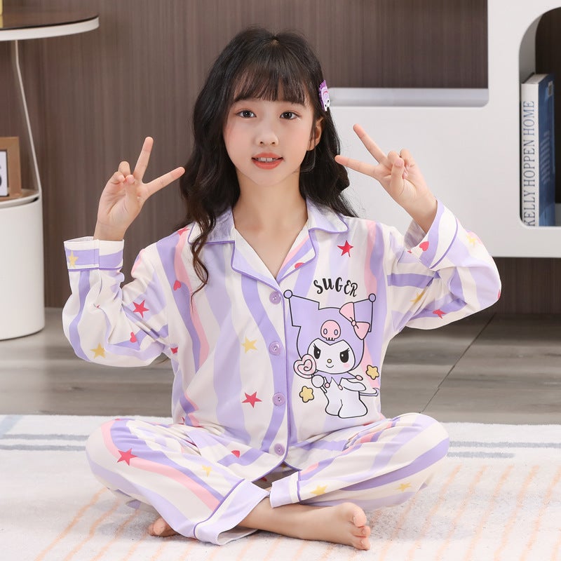 New Girls Imitation Cotton Cardigan Children'S Pajamas Long Sleeve Lapel Cartoon Suit 10-Xl Size Home Clothes - Image 3