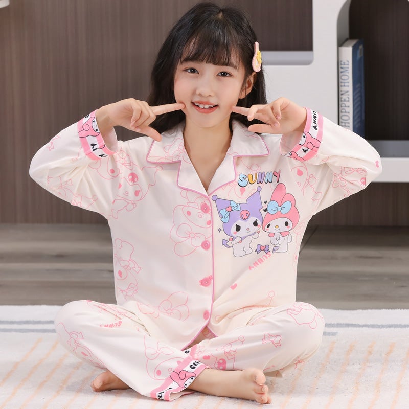 New Girls Imitation Cotton Cardigan Children'S Pajamas Long Sleeve Lapel Cartoon Suit 10-Xl Size Home Clothes - Image 2