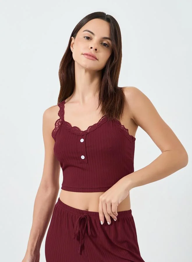 Take Two Burgundy Lace Trim Crop Cami and Pyjama Set