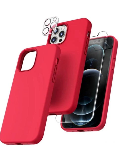 [5 in 1 for iPhone 14 Pro Max Case, with 2 Pack Screen Protector + 2 Pack Camera Lens Protector, Liquid Silicone Slim Shockproof Phone Cover [Anti-Scratch] [Drop Protection], Red
