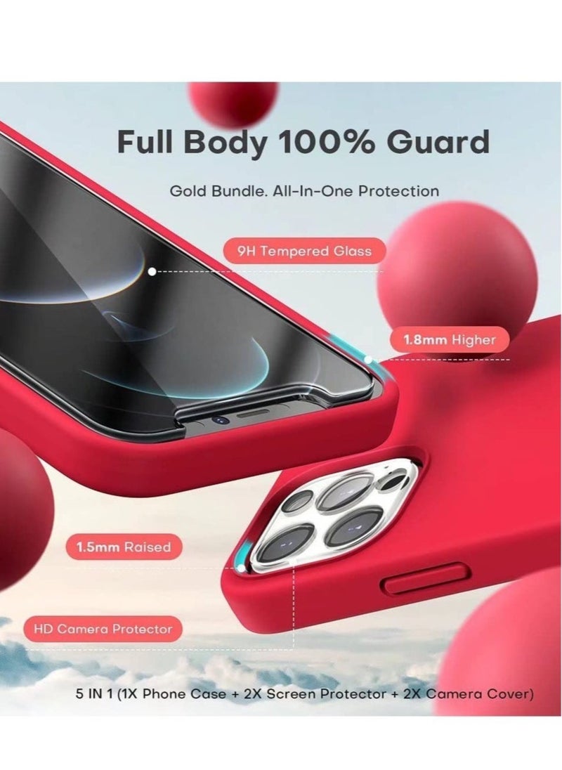 [5 in 1 for iPhone 14 Pro Max Case, with 2 Pack Screen Protector + 2 Pack Camera Lens Protector, Liquid Silicone Slim Shockproof Phone Cover [Anti-Scratch] [Drop Protection], Red