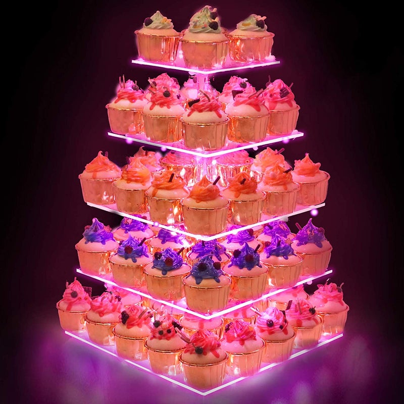 YestBuy Cupcake Stand  5 Tier Premium Cupcake Holder  Acrylic Cupcake Tower Display  Cady Bar Party Dcor Acrylic Display for Pastry  LED Light String  Ideal for Weddings Birthday Pink