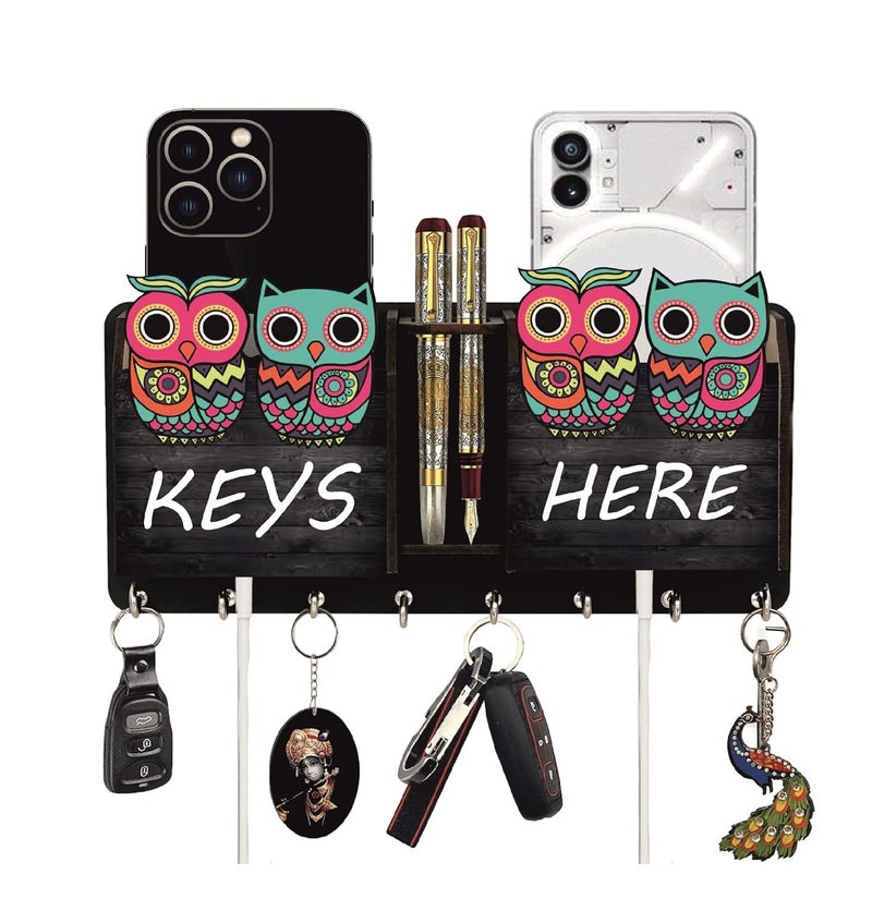 PHICAL ART PHICAL ART Stylish Wooden UV Printed Key Holder with Mobile Stand Key Holder for Home DecorLiving Room 8 Stainless Steel Hooks  - Image 1