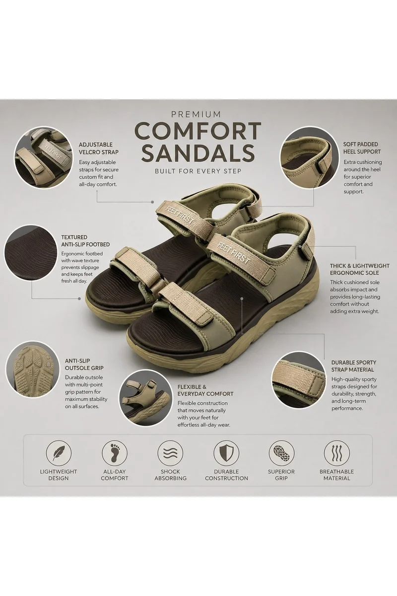 Feet First Men’s Sports Sandals with Adjustable Velcro Straps – Lightweight Comfort Outdoor Walking Sandals