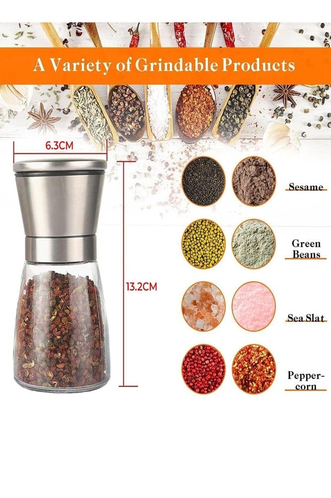 AMERTEER 2-Pack Stainless Steel Salt & Pepper Grinder Set – Refillable Glass Mills with Adjustable Coarseness - Image 2
