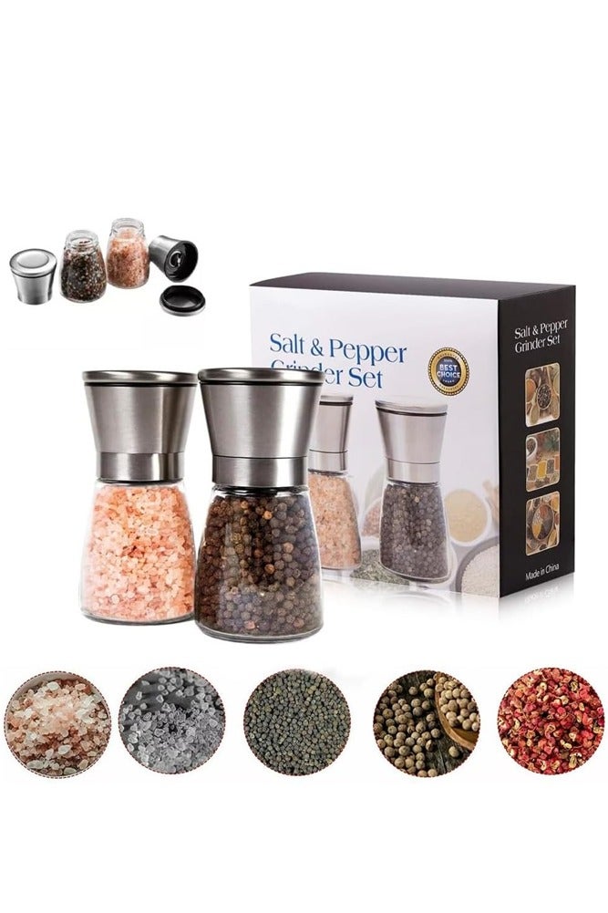 AMERTEER 2-Pack Stainless Steel Salt & Pepper Grinder Set – Refillable Glass Mills with Adjustable Coarseness - Image 1