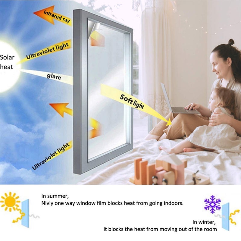 Niviy One Way Window Film Daytime Privacy Mirror Effect Reflective Window Tint for Home Self Adhesive UV Sun Blocking Heat Control Glass Door Films 17.5 x 78.7 inches Silver - Image 4