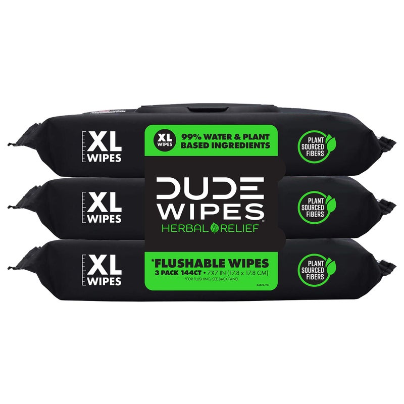 DUDE Wipes Flushable Wipes 3 Pack 144 Count Herbal Relief ExtraLarge With Hazel Geranium Essential Oils Septic and Sewer Safe