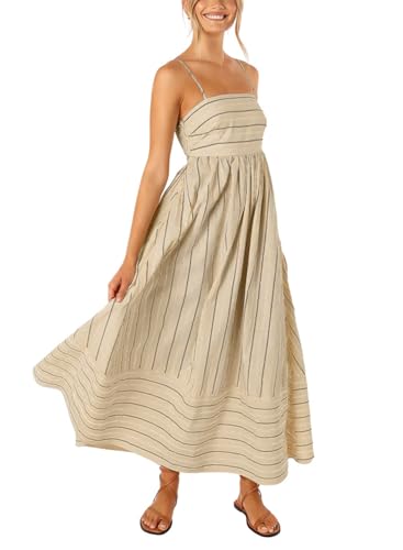 yoeasy Women's Striped Spaghetti Strap Cutout Maxi Dress Sleeveless Backless Flowy Swing Long Dress (X-Small, Apricot) - Image 1