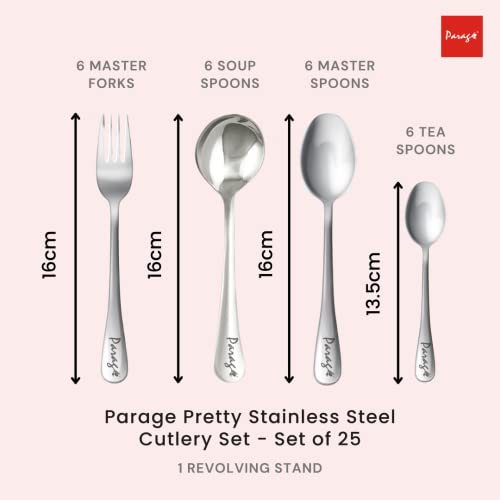 Parage 25 Pieces Pretty Premium Stainless Steel Cutlery Set for Home & Kitchen (Contains: 6 Dinner Spoons, 6 Tea Spoons, 6 Forks, 6 Soup Spoons) - Spoon Set for Dining Tableware Stylish, Silver - Image 4