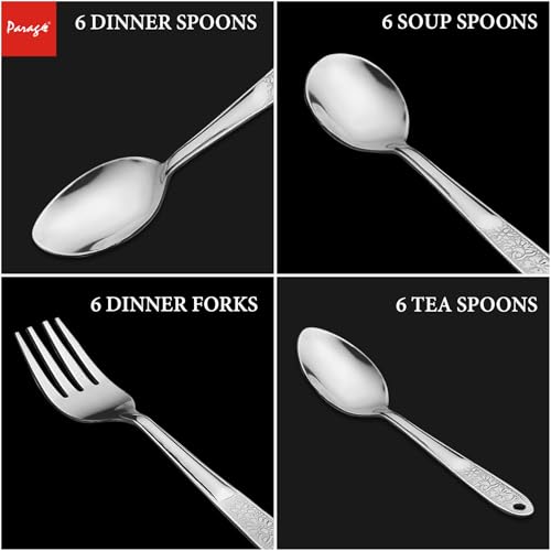 Parage 25 Pieces Pretty Premium Stainless Steel Cutlery Set for Home & Kitchen (Contains: 6 Dinner Spoons, 6 Tea Spoons, 6 Forks, 6 Soup Spoons) - Spoon Set for Dining Tableware Stylish, Silver - Image 3