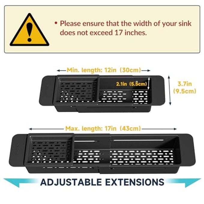 NiHome Extendable Over Sink Kitchen Organizer, Small Telescopic Brush Storage Rack for Sponge, Non-Slip Pads Expandable Sink Caddy, Adjustable Sponge/Brush Rack with Drainage Durable ABS (Black) - Image 2
