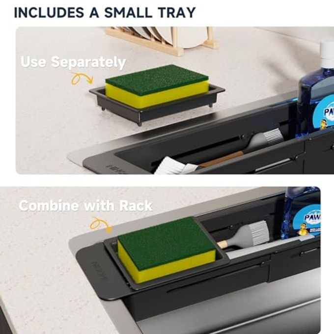 NiHome Extendable Over Sink Kitchen Organizer, Small Telescopic Brush Storage Rack for Sponge, Non-Slip Pads Expandable Sink Caddy, Adjustable Sponge/Brush Rack with Drainage Durable ABS (Black) - Image 3