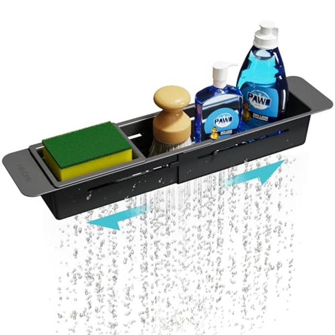NiHome Extendable Over Sink Kitchen Organizer, Small Telescopic Brush Storage Rack for Sponge, Non-Slip Pads Expandable Sink Caddy, Adjustable Sponge/Brush Rack with Drainage Durable ABS (Black) - Image 1