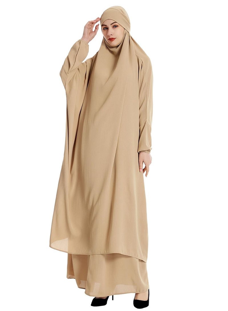 إسكدنيا Women's 2-Piece Solid Color Abaya Set Batwing Sleeve Abaya Thobe Robe And Half Skirt Suit Khaki  - Image 1