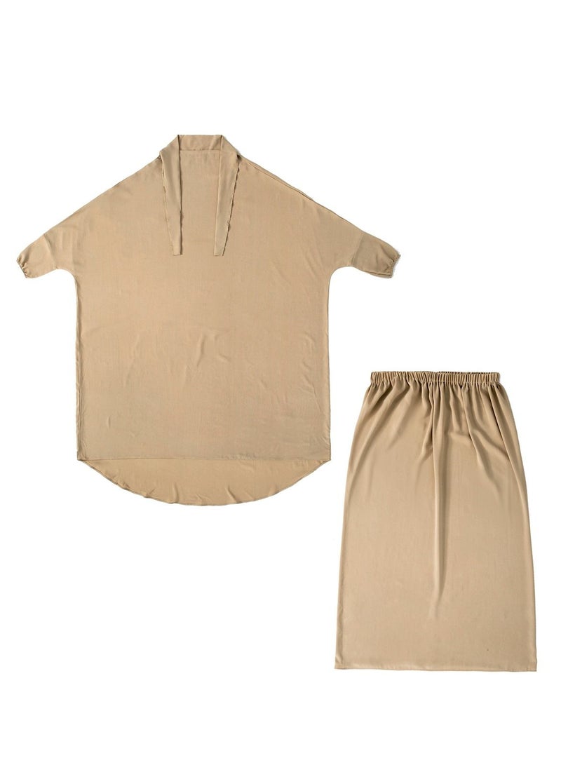 إسكدنيا Women's 2-Piece Solid Color Abaya Set Batwing Sleeve Abaya Thobe Robe And Half Skirt Suit Khaki  - Image 3