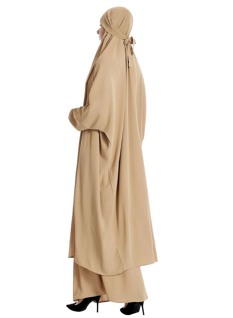 إسكدنيا Women's 2-Piece Solid Color Abaya Set Batwing Sleeve Abaya Thobe Robe And Half Skirt Suit Khaki  - Image 2