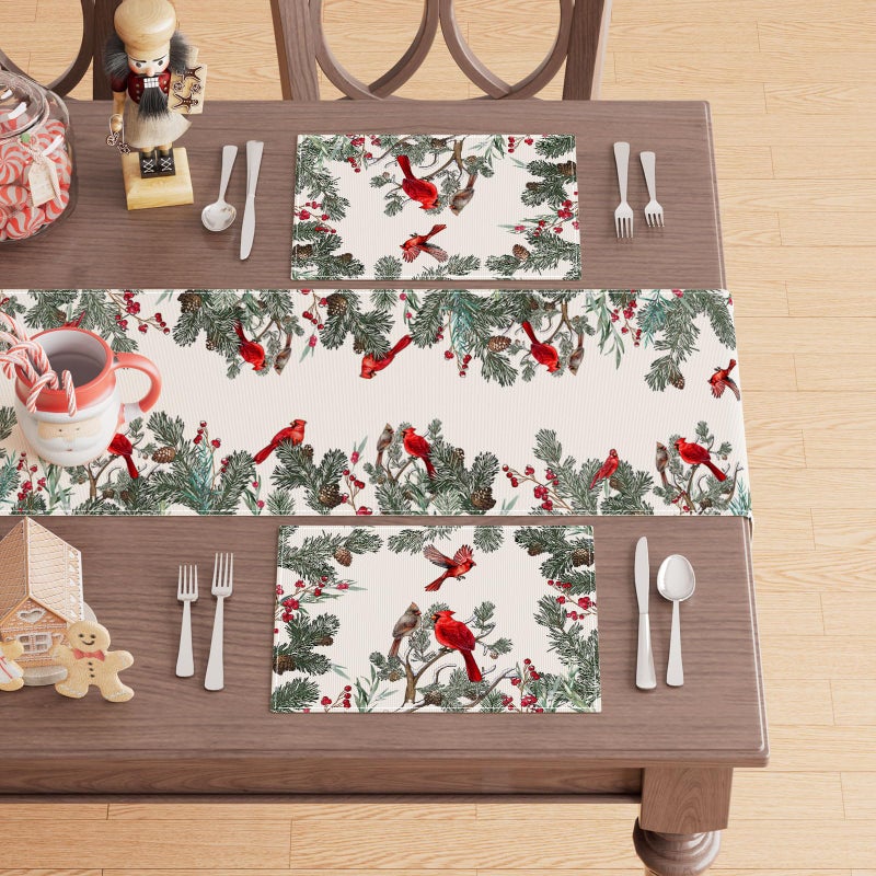 XCHI Cardinal Birds Winter Pine Tree Christmas Xmas Placemats Set of 4 Table Mats for Party Home Kitchen Dining Table Decorations 12x18 Inch - Image 3