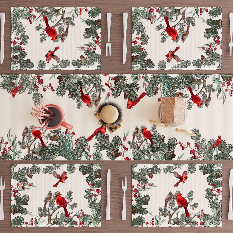 XCHI Cardinal Birds Winter Pine Tree Christmas Xmas Placemats Set of 4 Table Mats for Party Home Kitchen Dining Table Decorations 12x18 Inch - Image 2