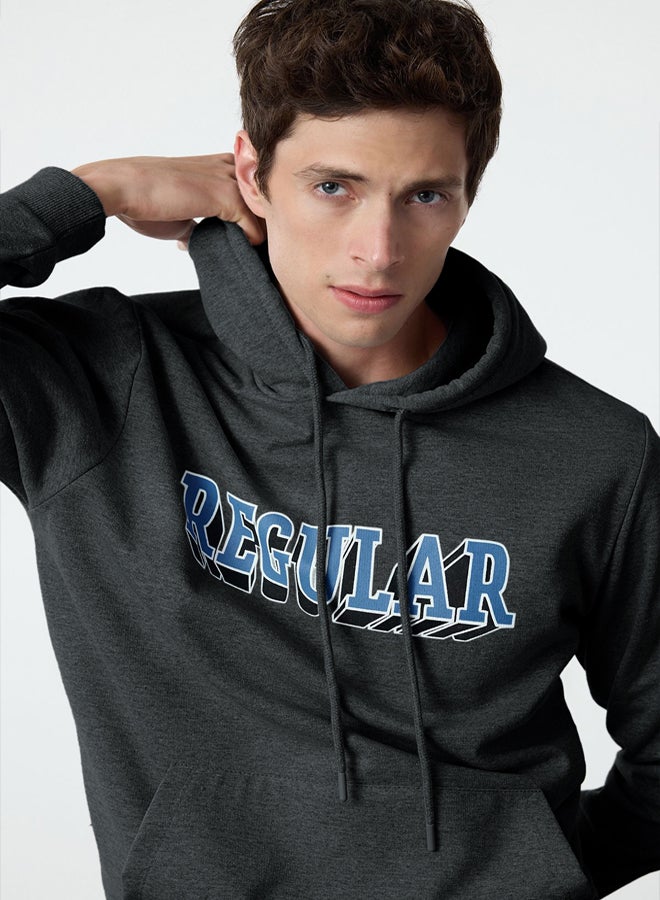 trendyol Anthracite Regular/Normal Cut Hooded Printed Inside Polar Fleece Sweatshirt - Image 3