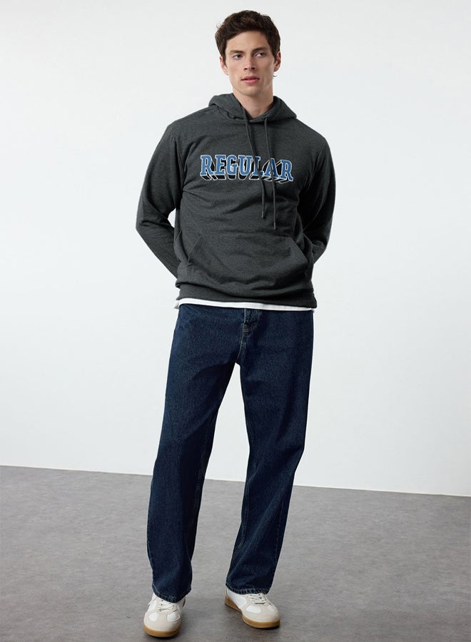 trendyol Anthracite Regular/Normal Cut Hooded Printed Inside Polar Fleece Sweatshirt - Image 2