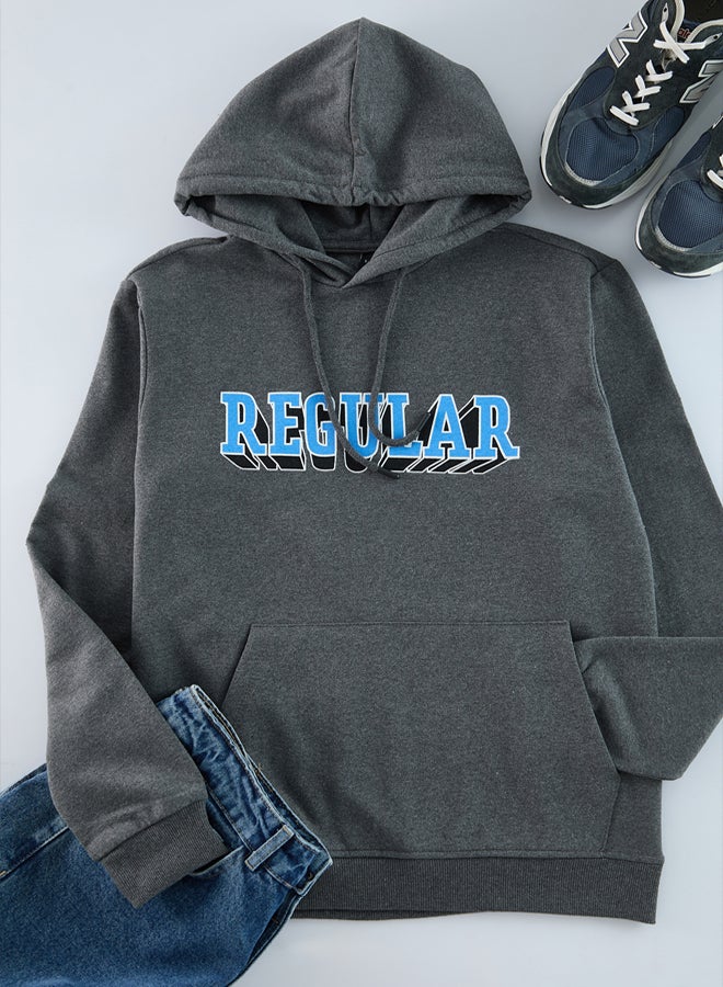 trendyol Anthracite Regular/Normal Cut Hooded Printed Inside Polar Fleece Sweatshirt - Image 5