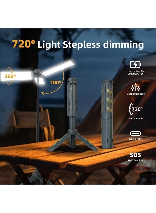 مصباح تخييم قابل للسحب بسعة 8000 مللي أمبير، مصباح عمل سريع الشحن، حامل قابل للتعديل بطول 40 بوصة، حامل ثلاثي القوائم تلسكوبي، رأس قابل للتعديل بزاوية 360 درجة بقوة 3000 لومن، مصباح يدوي للطوارئ قابل للتعتيم، قابل للطي وخفيف الوزن (للسفر/الإضاءة الخارجية/الطوارئ). - Image 4