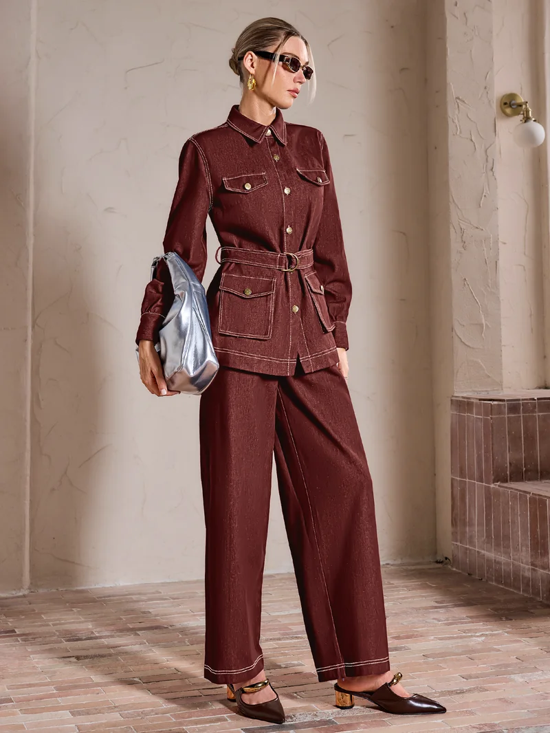 Simplee Lapel Long Sleeve Blazer Top & Matching Wide Leg Trousers Set, Vintage Solid Formal Co-ord Set