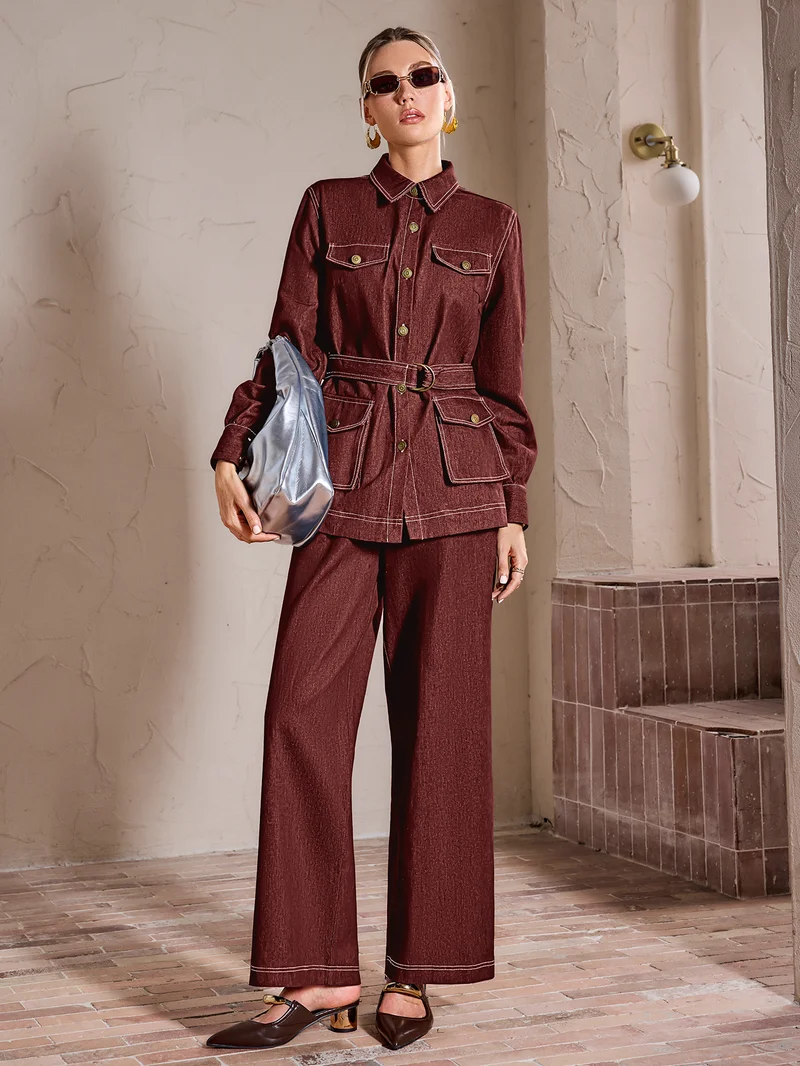 Simplee Lapel Long Sleeve Blazer Top & Matching Wide Leg Trousers Set, Vintage Solid Formal Co-ord Set